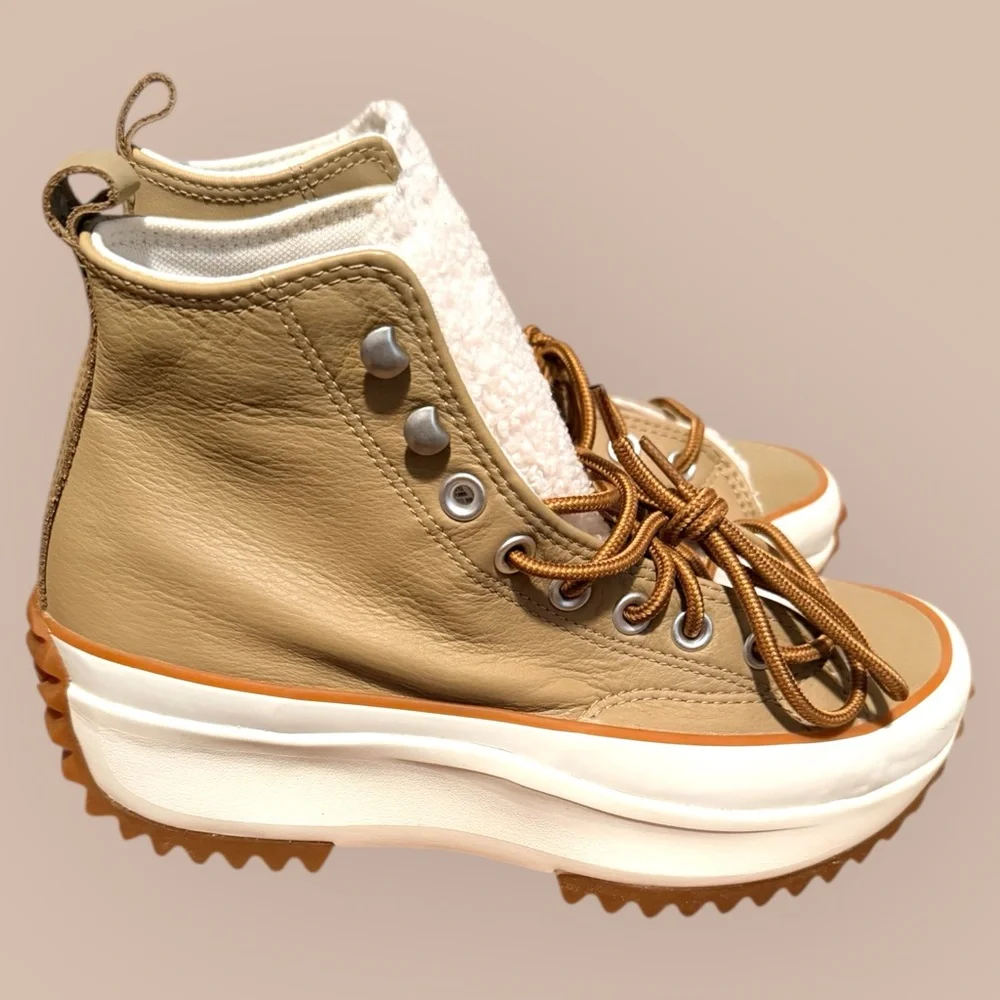 Converse Run Star Hike Hi Platform Sherpa Leather Nomad Khaki sneaker. - Picture 2 of 5